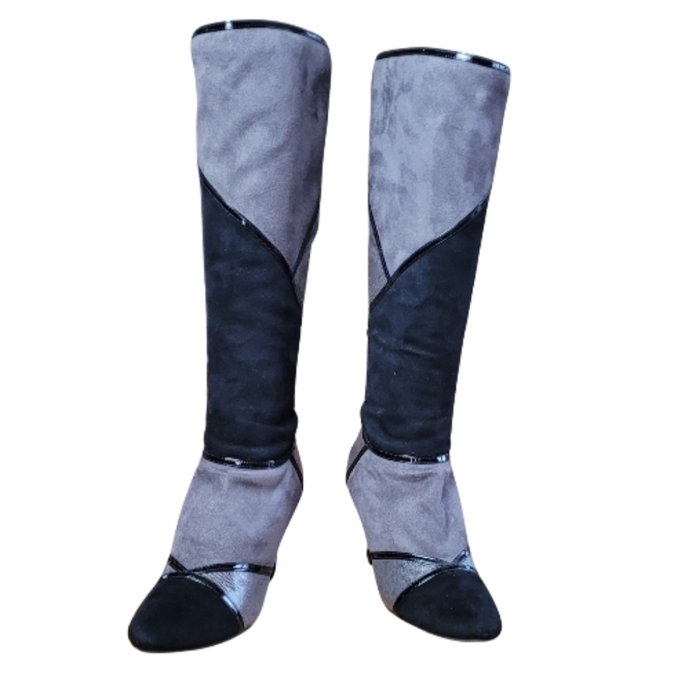 Impo Trinity Grey & Black Knee-High  Boots Stretch 3" Heel Side Zip SZ 7